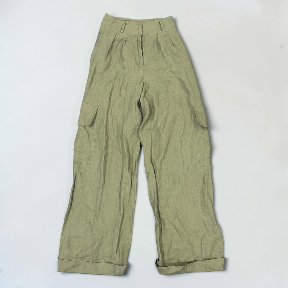 ⁠Hevron 100% Linen Wide Leg Cargo Pants Size 0 Olive Green Pleated Cuffed Modern